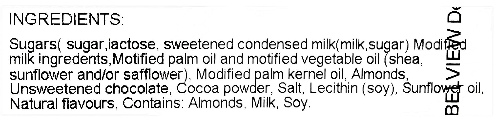 Harlan's Crushed Skor Stir-In, 2.26kg/79.7 lbs., Box, ingredients label.