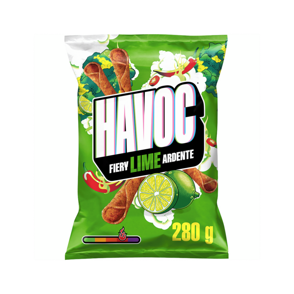 Havoc Fiery Lime Ardente Rolled Tortilla Chips, Red Chili Powder, Citrus & Fiery Red Peppers, 280g/9.8 oz. Bag