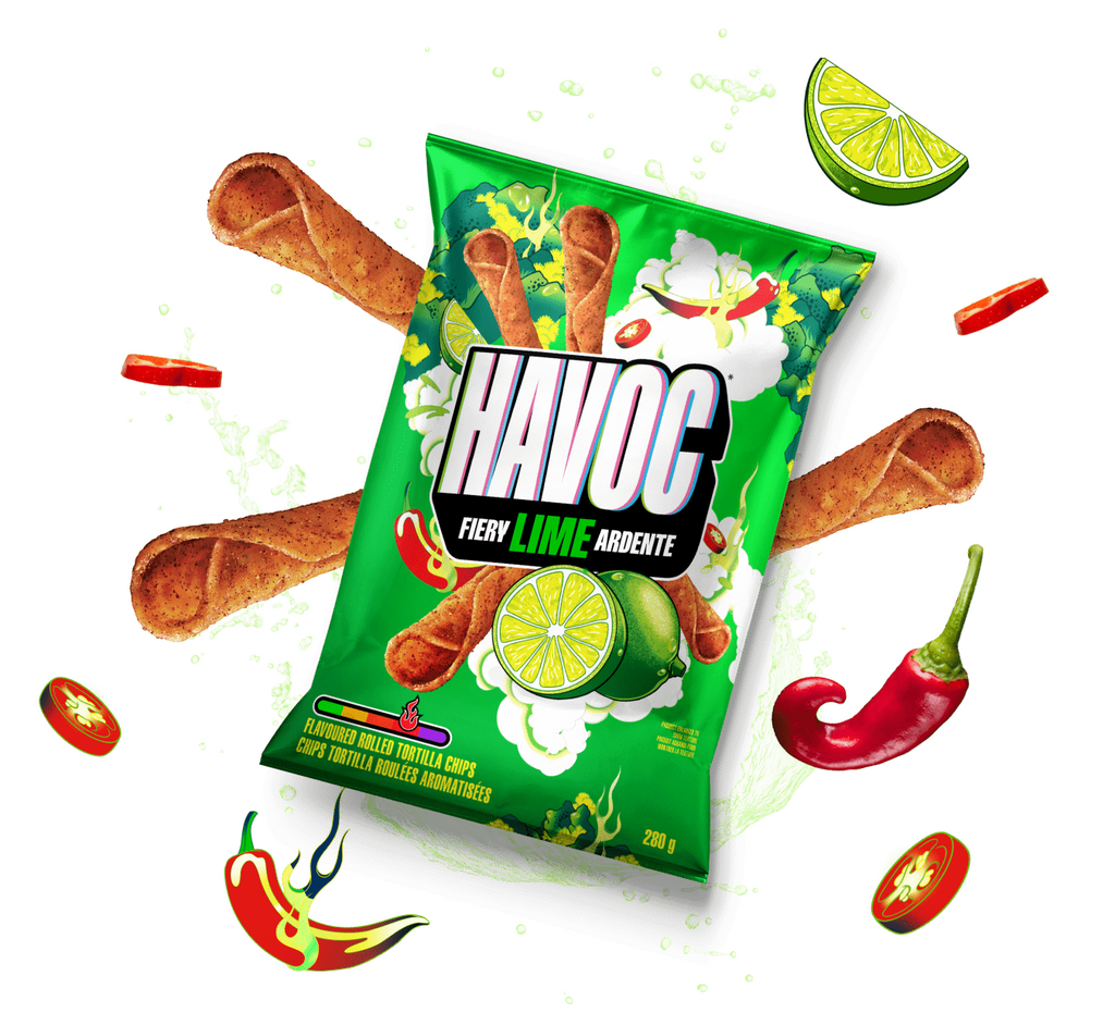 Havoc Fiery Lime Ardente Rolled Tortilla Chips, Red Chili Powder, Citrus & Fiery Red Peppers, 280g/9.8 oz. Bag