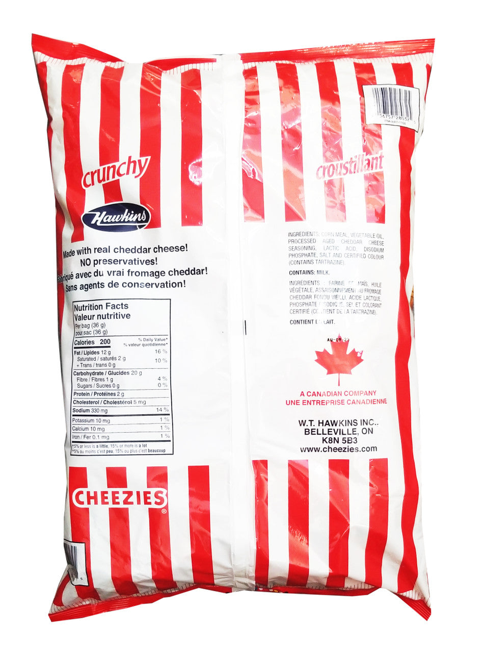 Hawkins Cheezies Corn Snacks, Snak-Pak, 36pk x 36g (1.3 oz) Bag Back Side