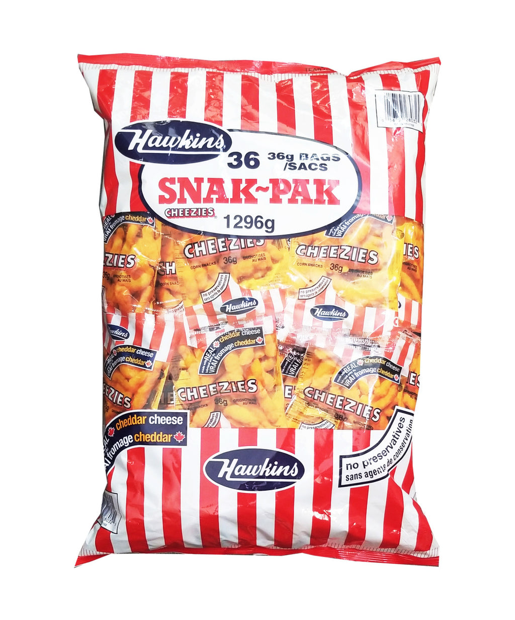 Hawkins Cheezies Corn Snacks, Snak-Pak, 36pk x 36g (1.3 oz) Bag Front Side