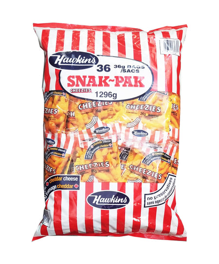 Hawkins Cheezies Corn Snacks, Snak-Pak, 36pk x 36g (1.3 oz) Bag Front Side