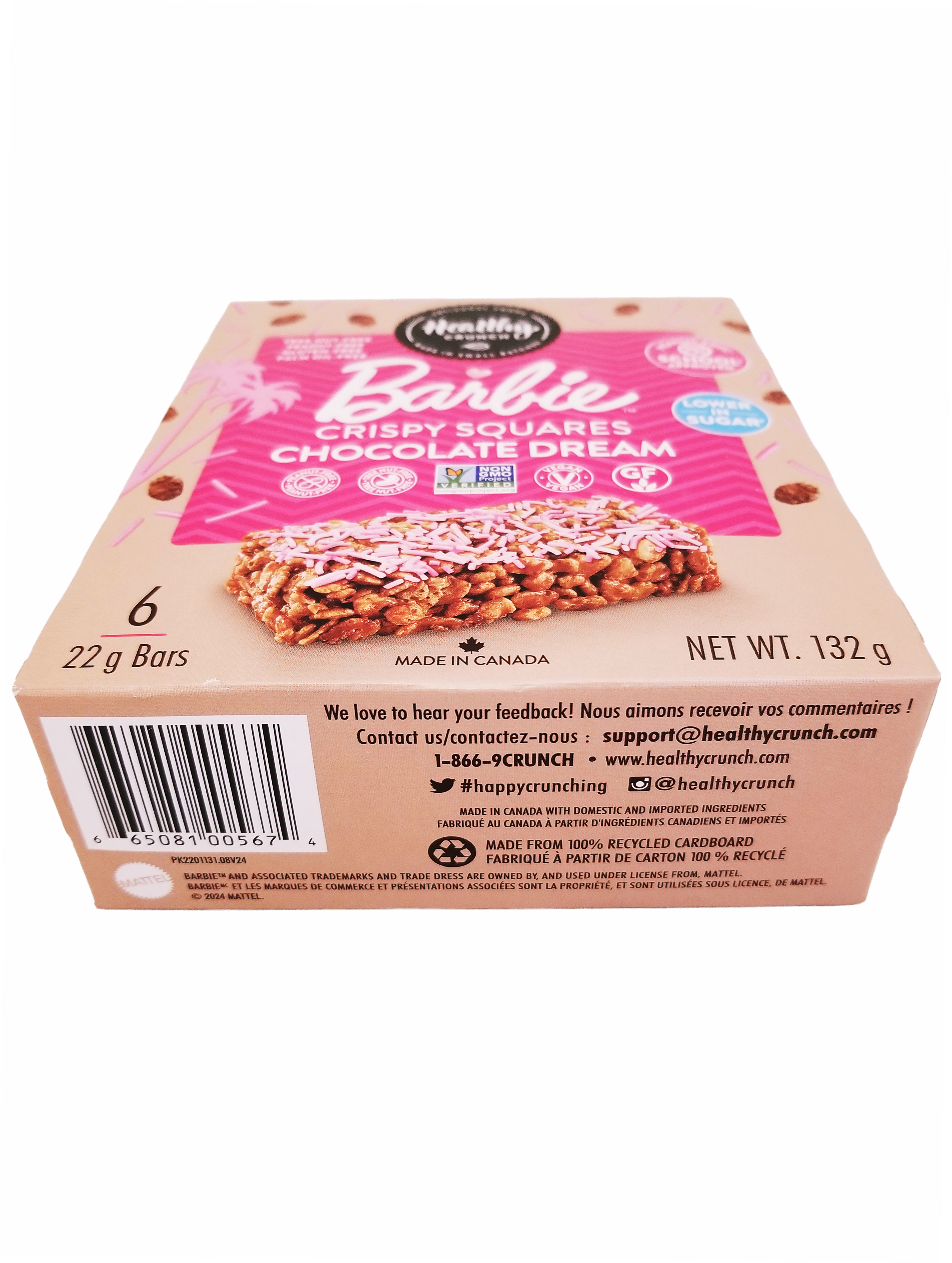 Box of Healthy Crunch Barbie Chocolate Dream Crispy Squares, 132g/4.6 oz on a white background