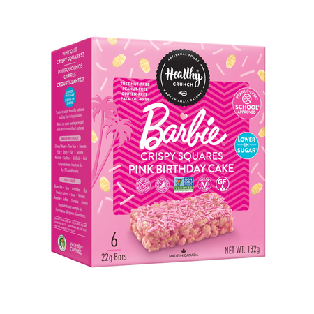 Box of Barbie Crispy Squares Pink Birthday Cake flavor with pink and white design