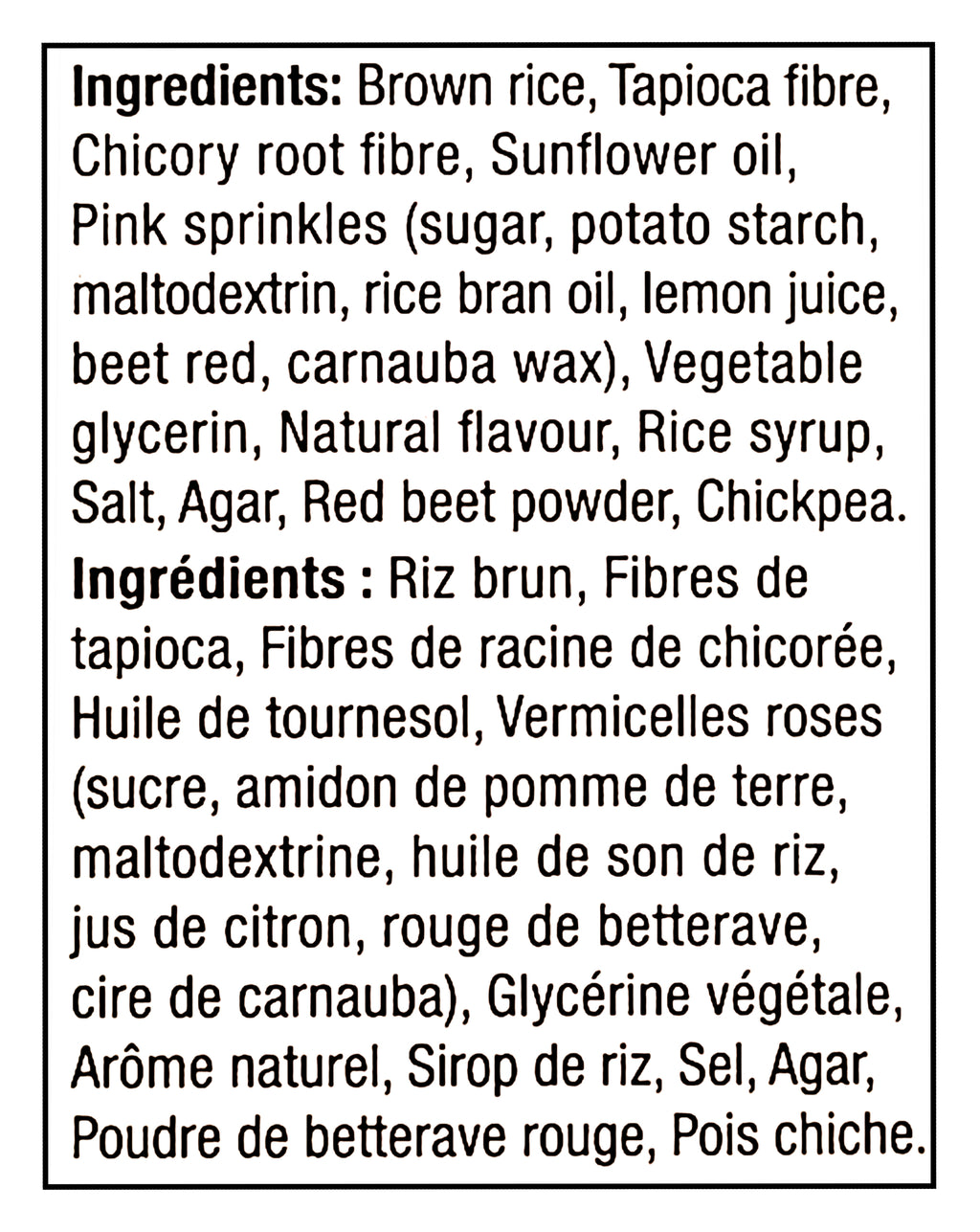 List of ingredients for Healthy Crunch Barbie Pink Birthday Cake Crispy Squares, 132g/4.6 oz on a white background