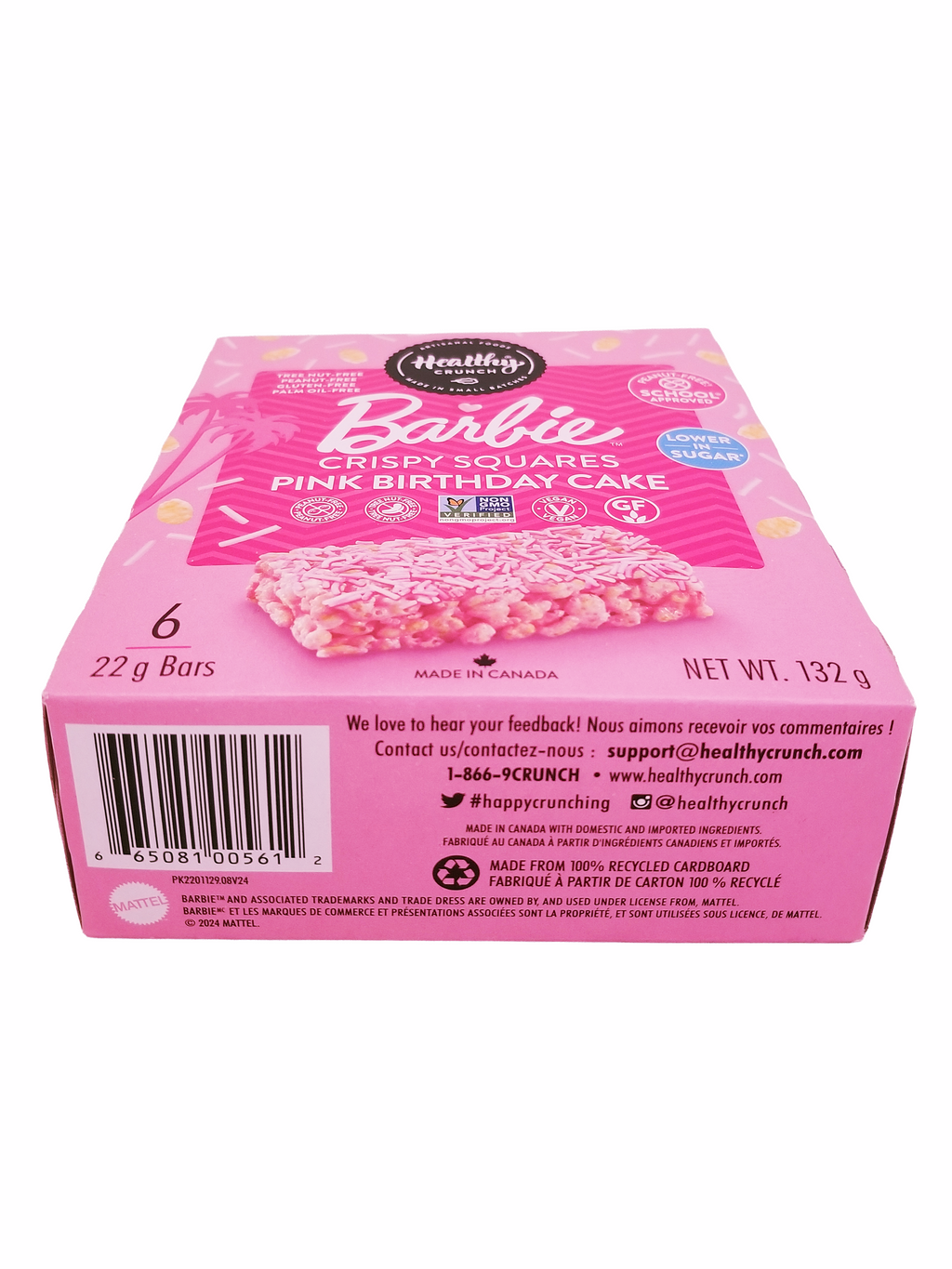 Pink packaging of Barbie Crispy Squares Pink Birthday Cake with bar code and text on a white background
