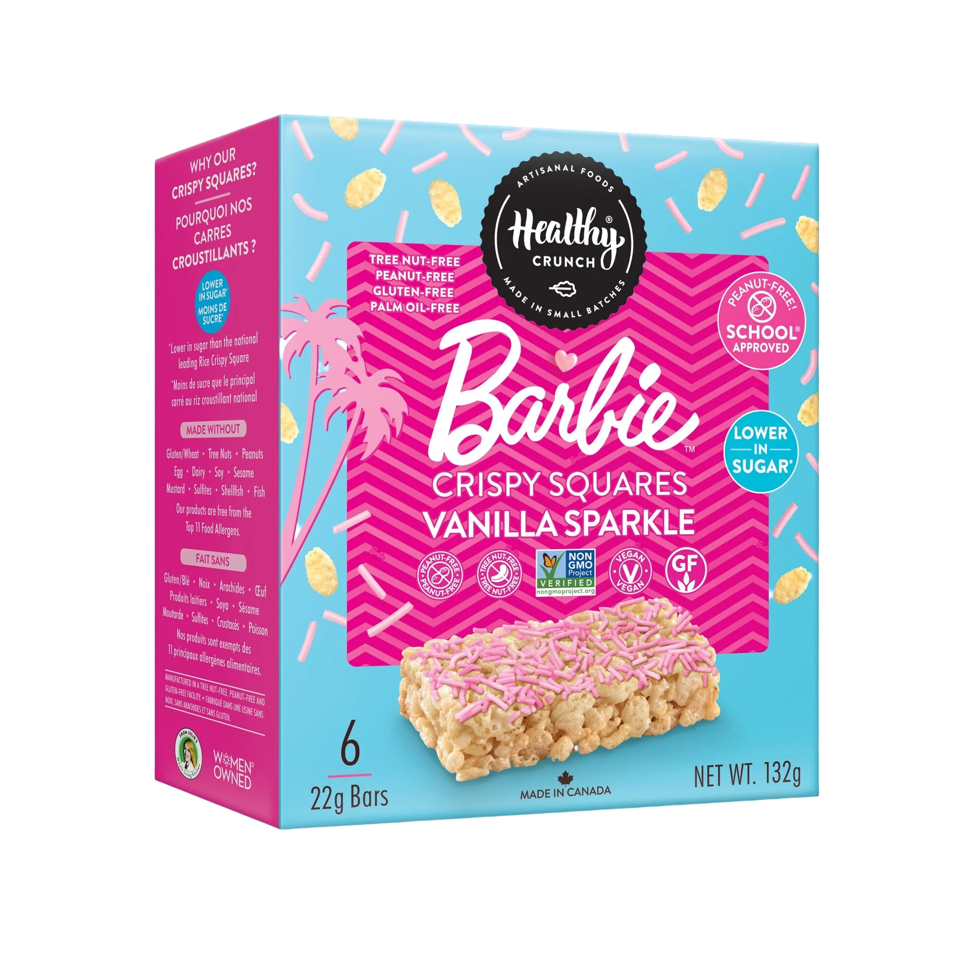 Box of Healthy Crunch Barbie Crispy Squares Vanilla Sparkle on a white background