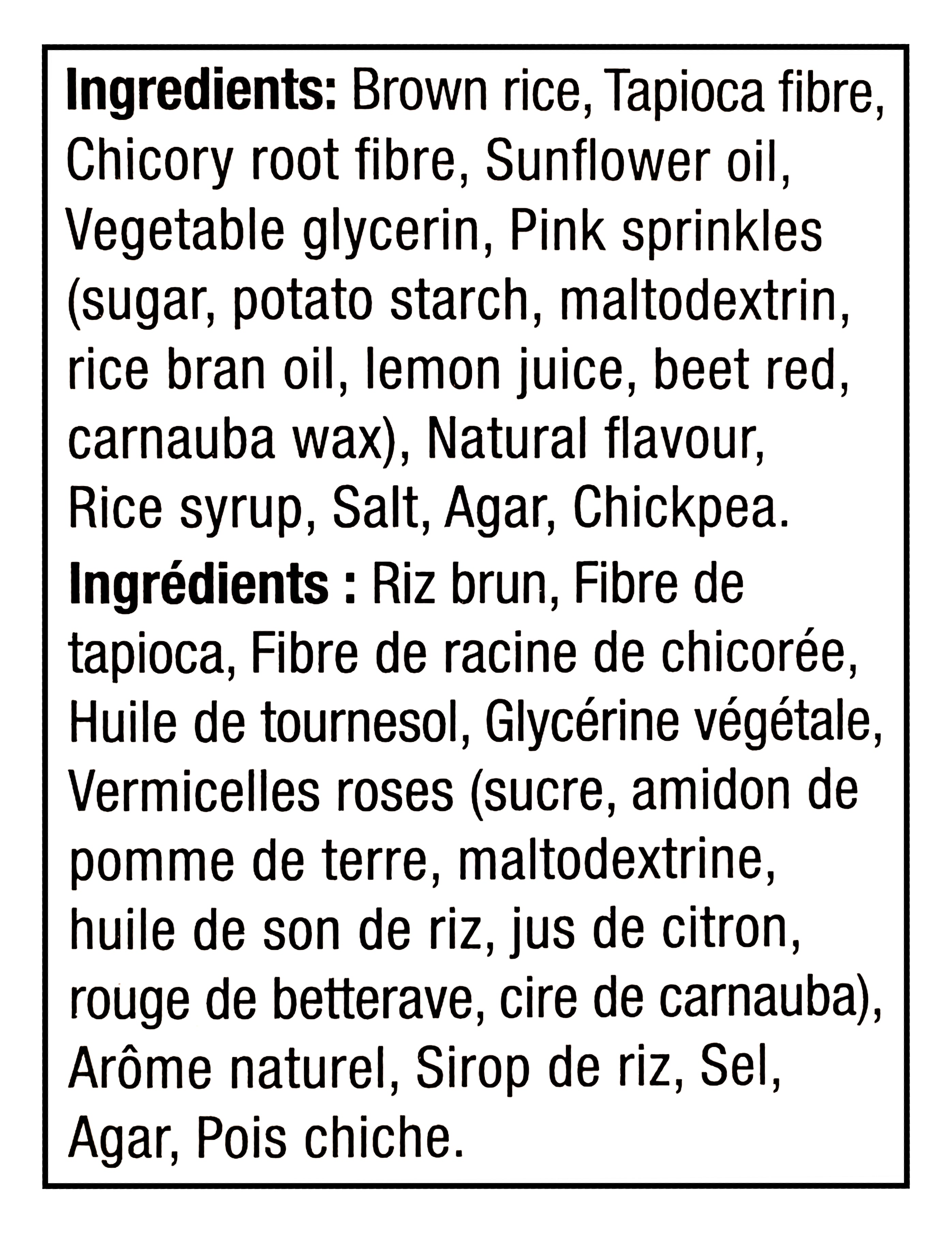 List of ingredients for Healthy Crunch Barbie Vanilla Sparkle Crispy Squares, 132g/4.6 oz on a black background