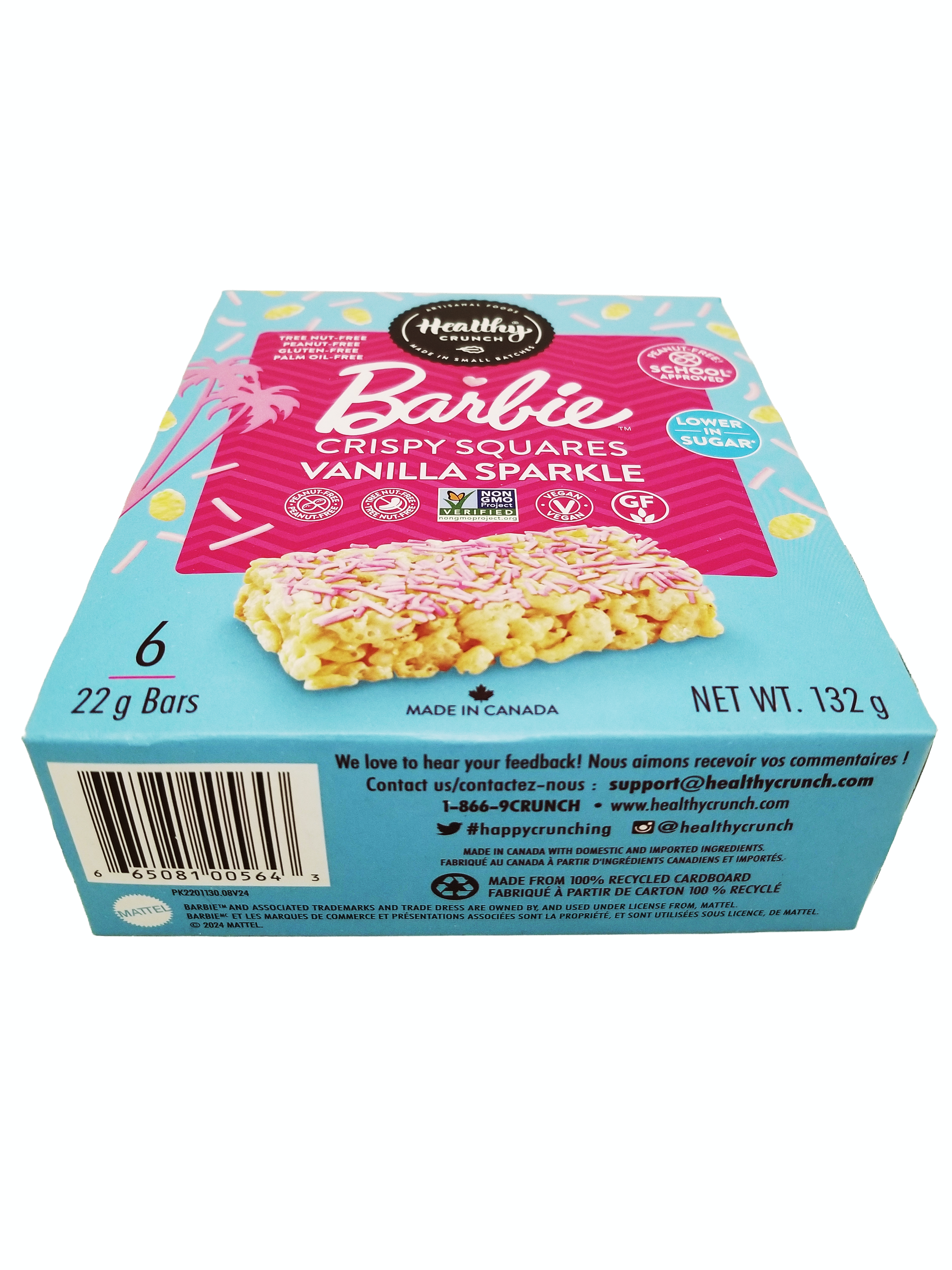 Box of Barbie Crispy Squares Vanilla Sparkle cereal bars with pink and blue design.