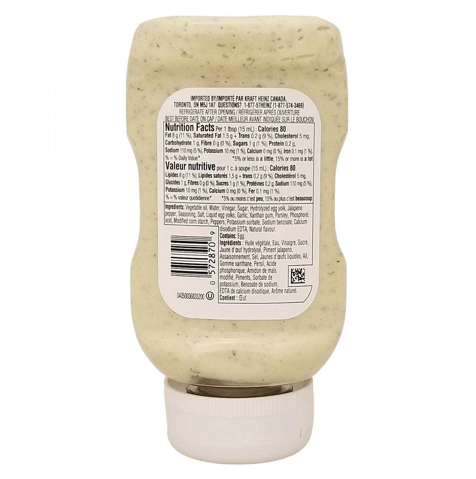 Squeeze bottle of Heinz Chimichurri Style Mayonnaise Sauce 340ml with nutrition label on a white background