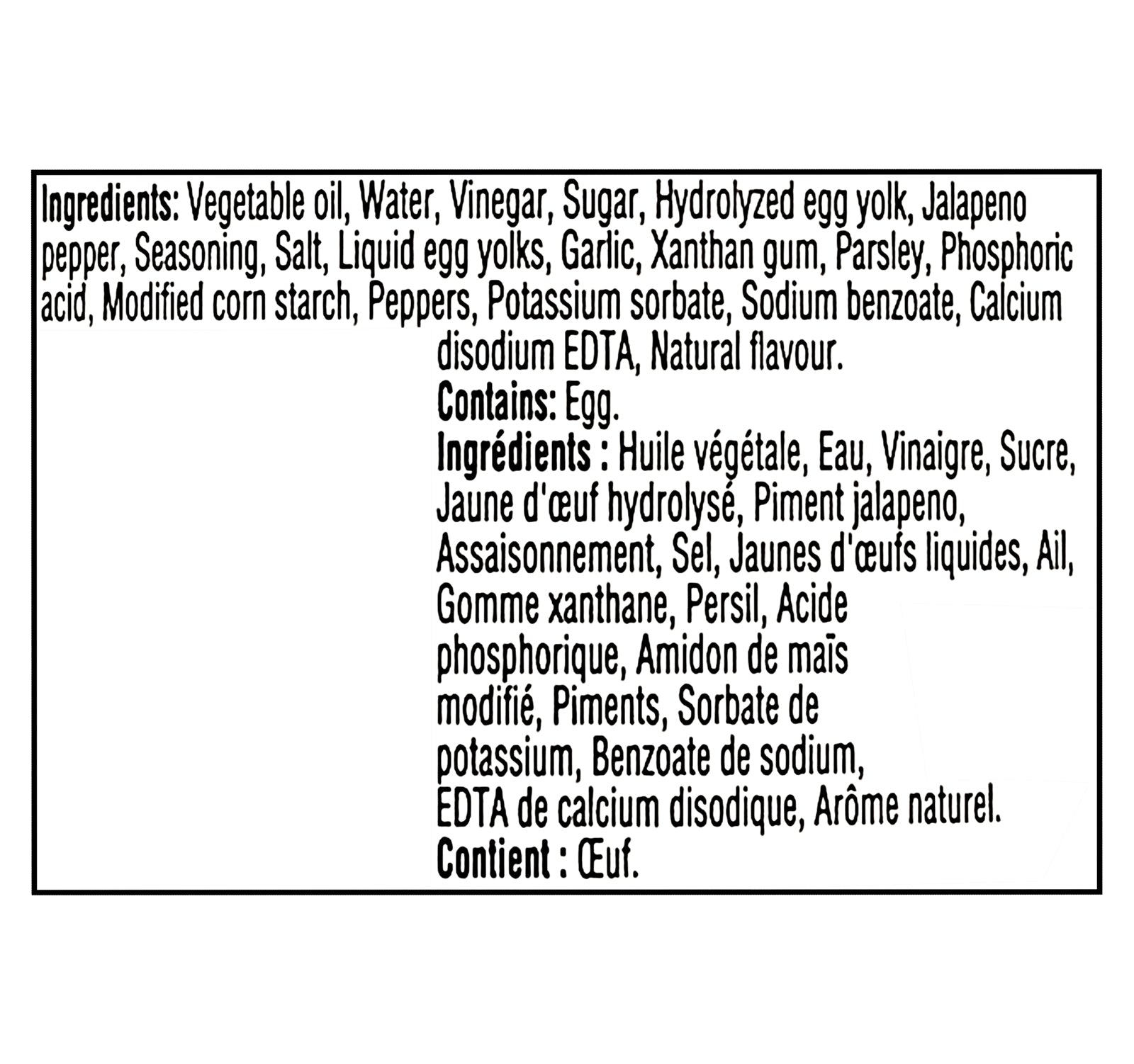 Ingredients list for Heinz Chimichurri Style Mayonnaise Sauce 340ml on a white background