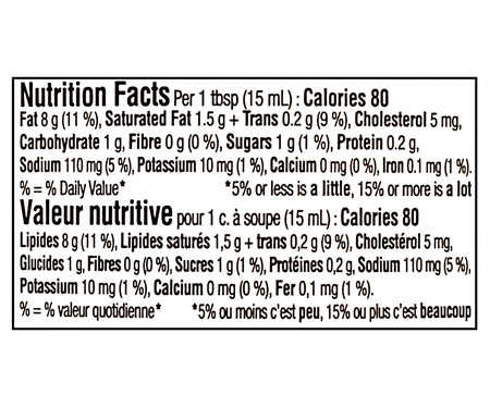 Nutrition facts label for Heinz Chimichurri Style Mayonnaise Sauce 340ml per 15 ml serving on a white background