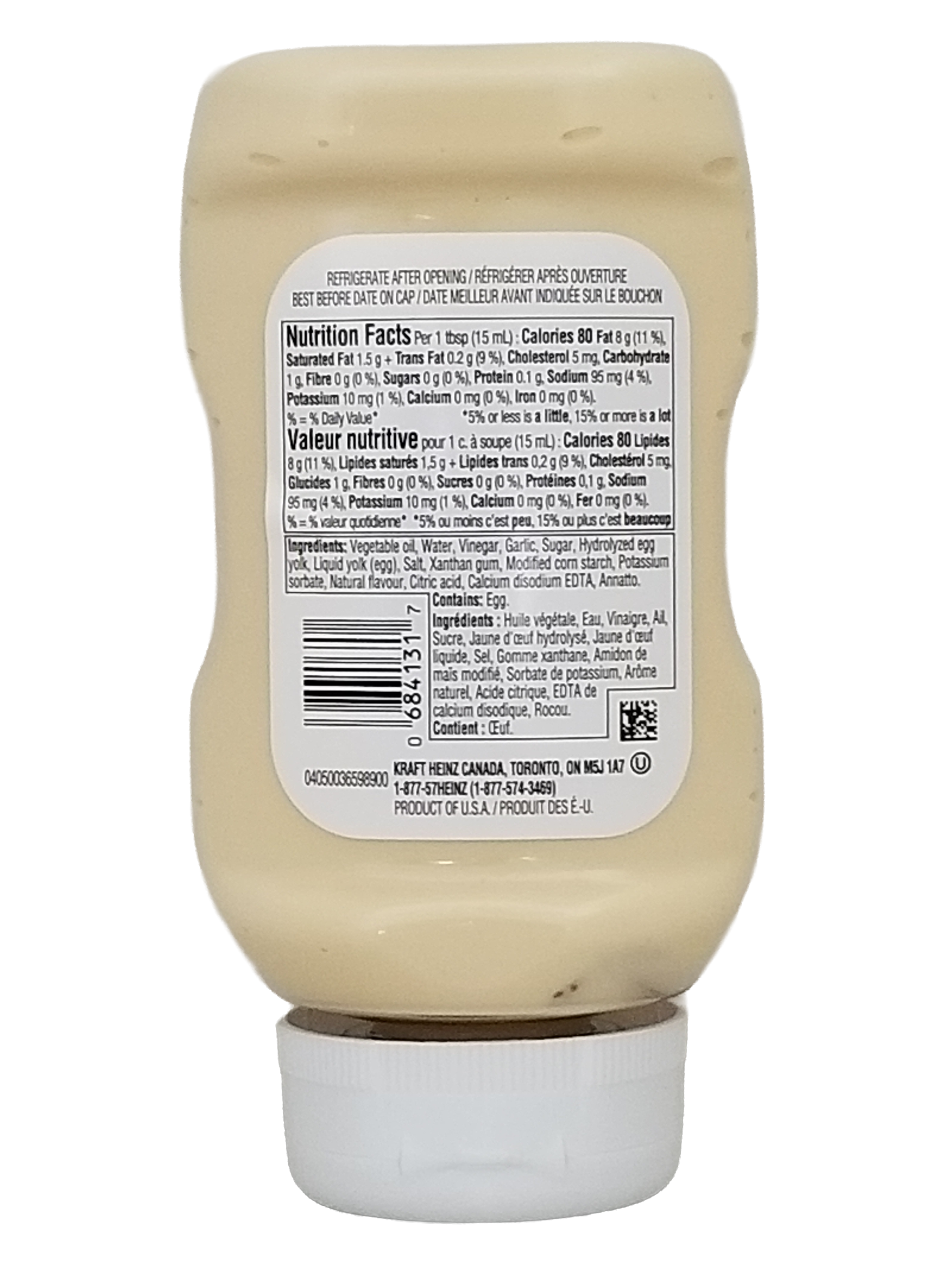 Back view of Heinz Garlic Parmesan Mayonnaise Sauce, 340ml/11.9 oz showing nutritional facts label on a white background.