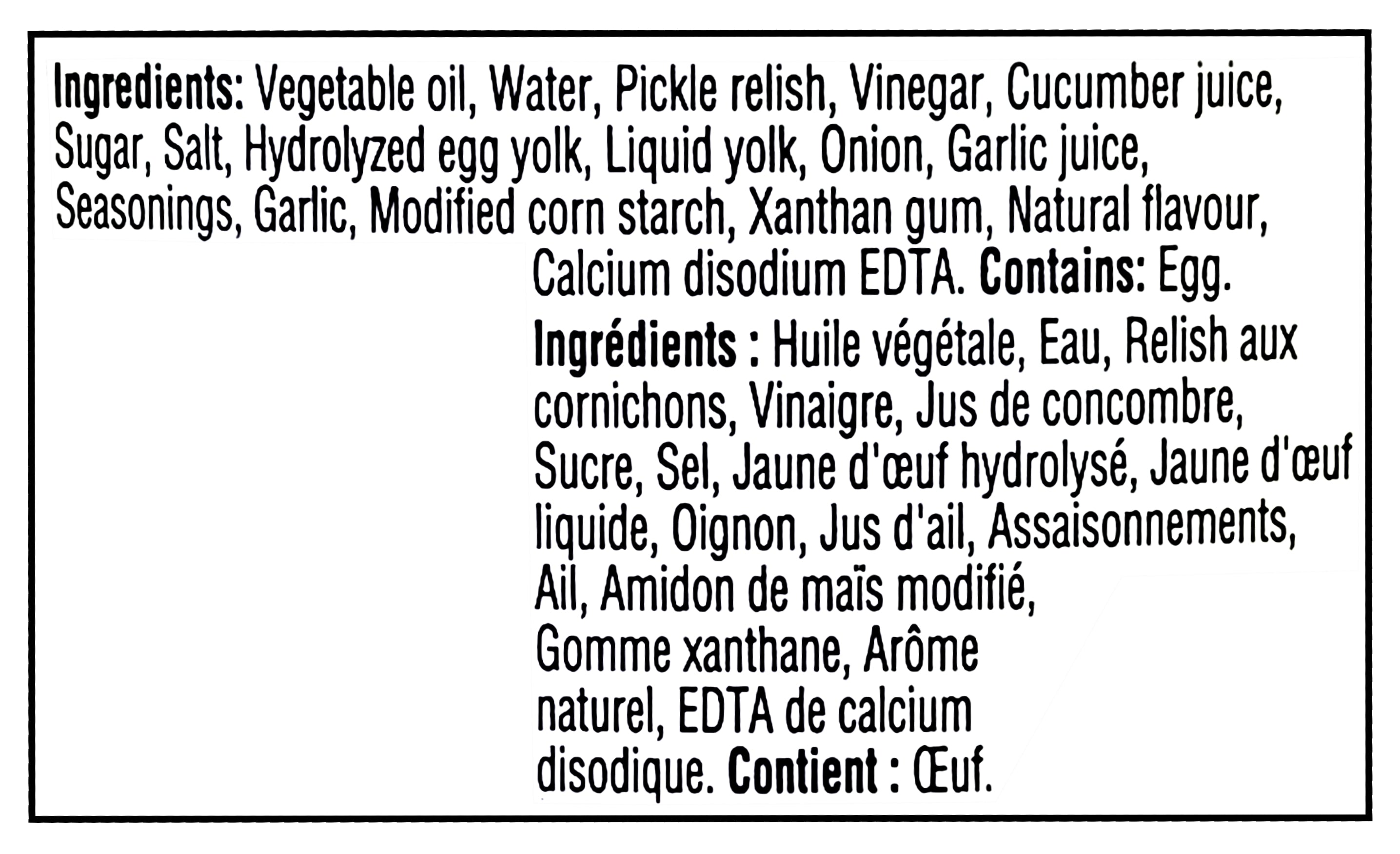 Ingredients list for Heinz Pickle Mayonnaise 340ml/11.9 oz on a white background