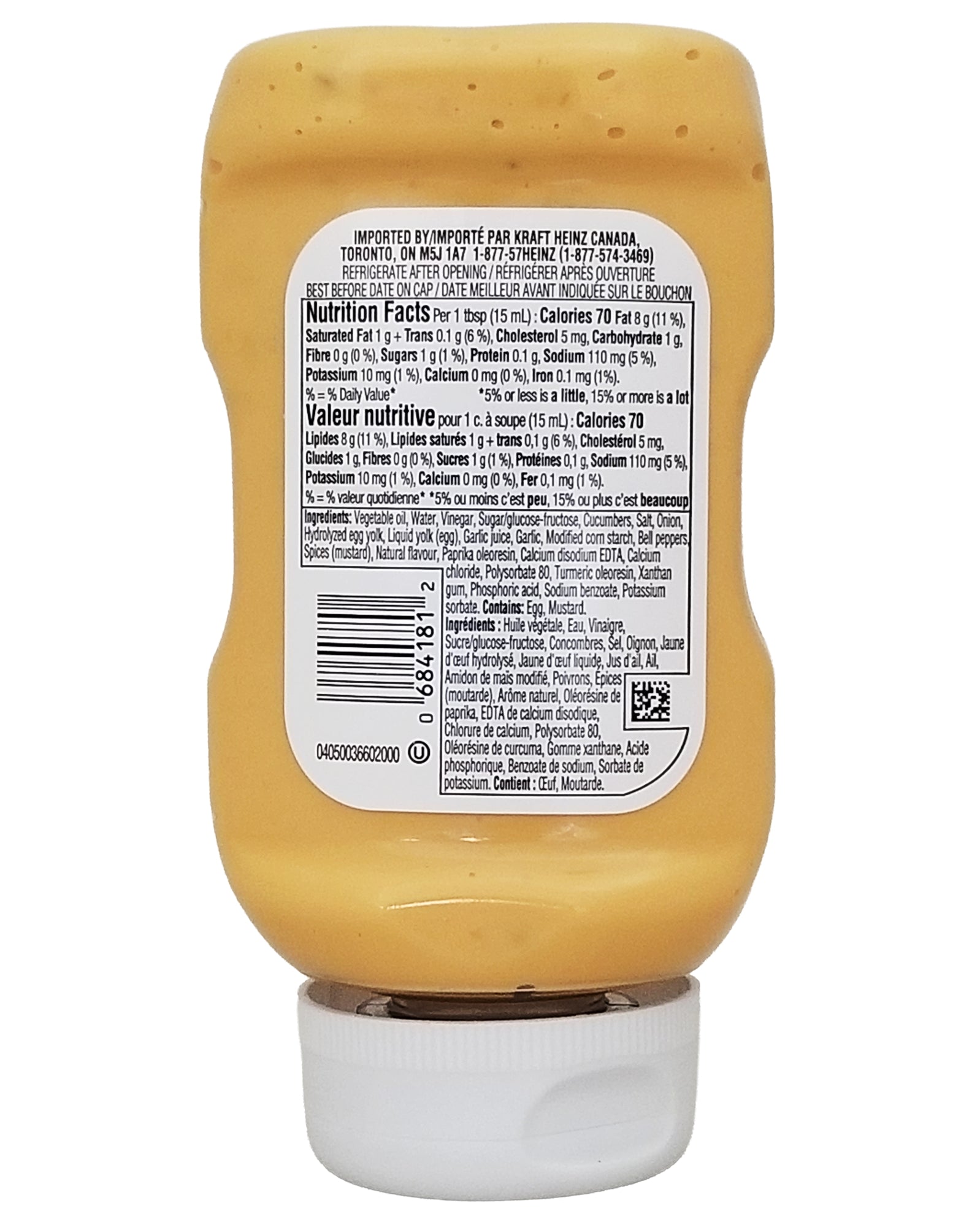 Back view of a Heinz Burger Style Mayonnaise Sauce 340ml bottle with nutrition facts label on a white background