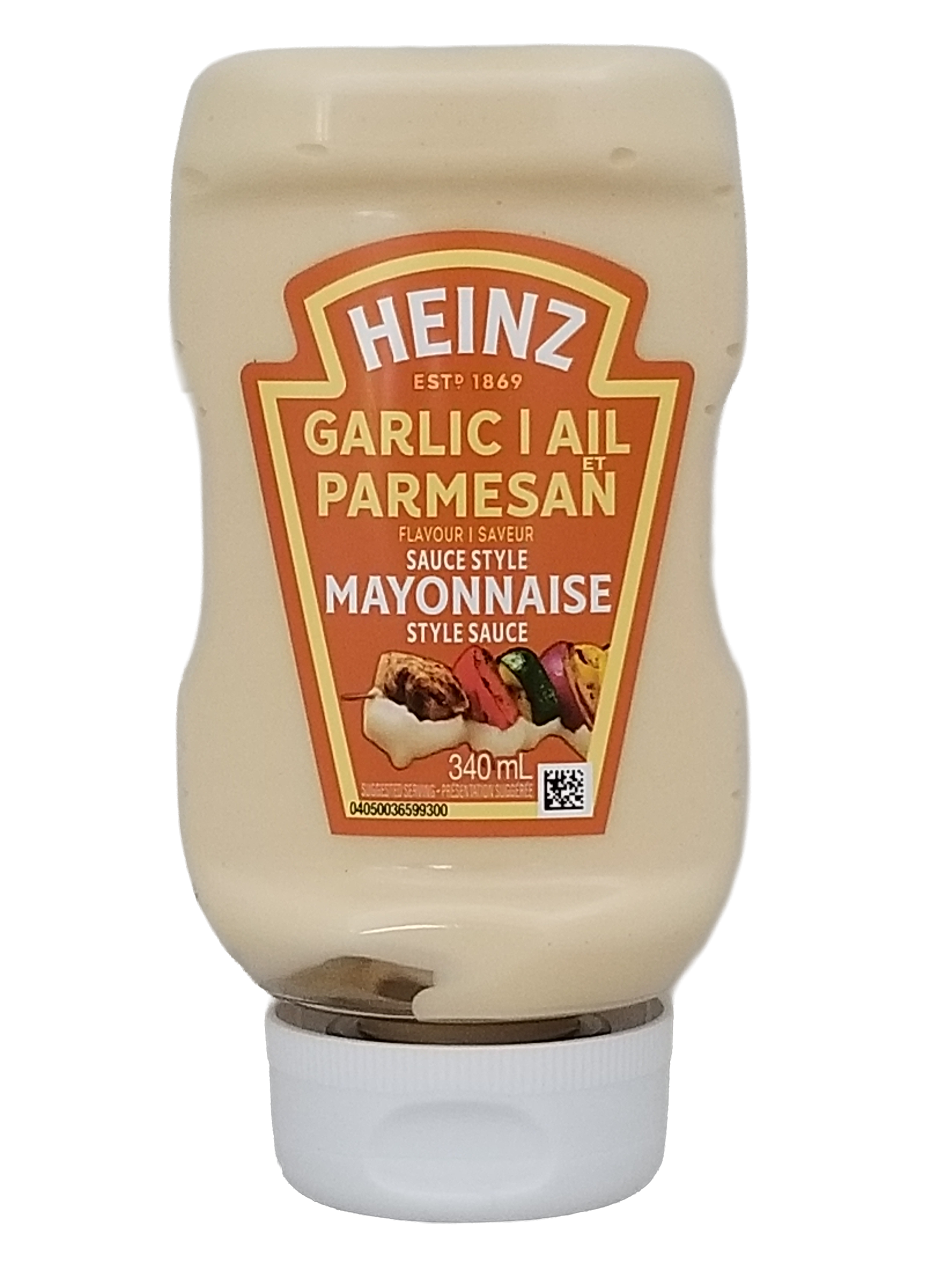 Front of Heinz Garlic Parmesan Mayonnaise Sauce, 340ml/11.9 oz on a white background.