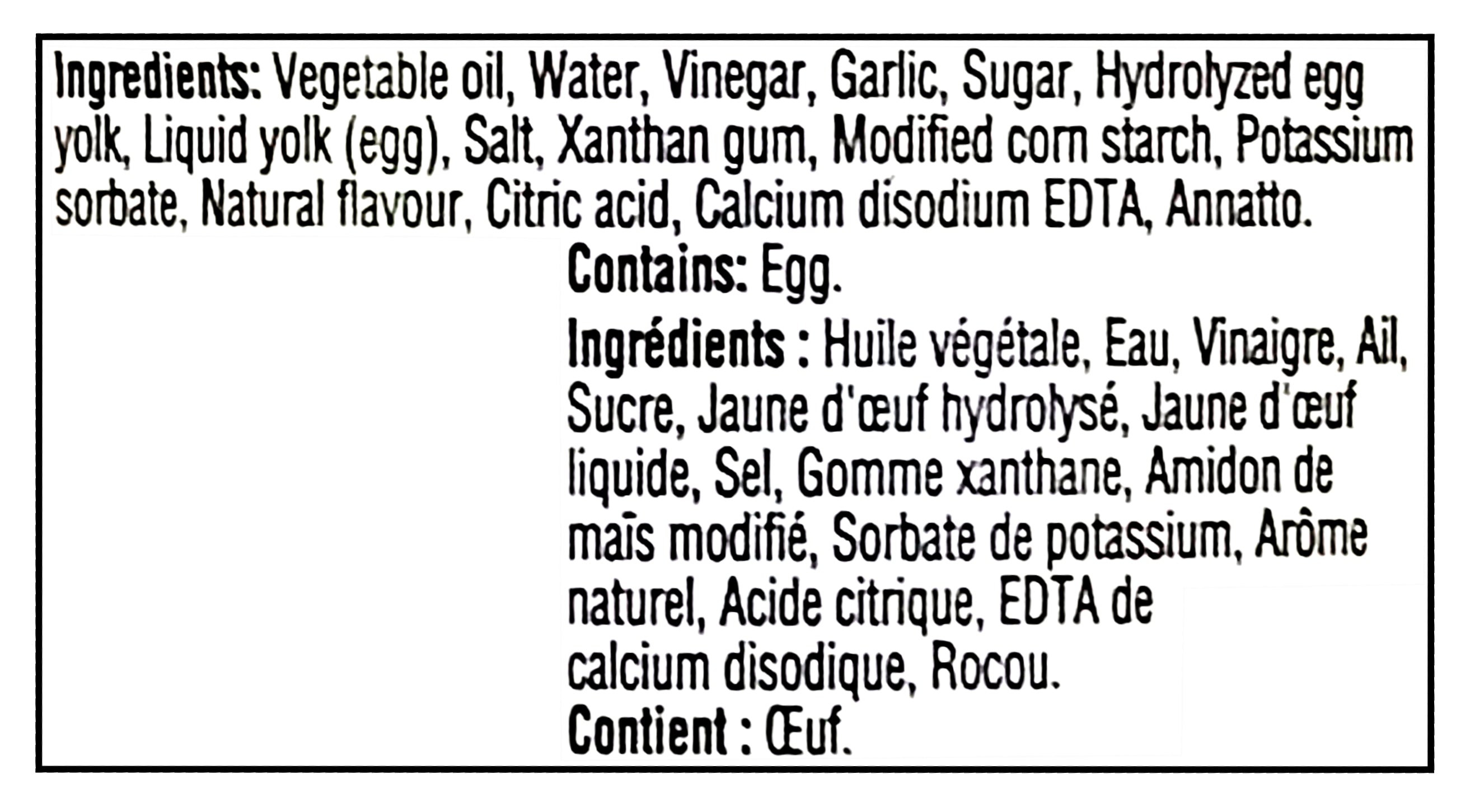 Ingredients list of Heinz Garlic Parmesan Mayonnaise Sauce, 340ml/11.9 oz on a white background.