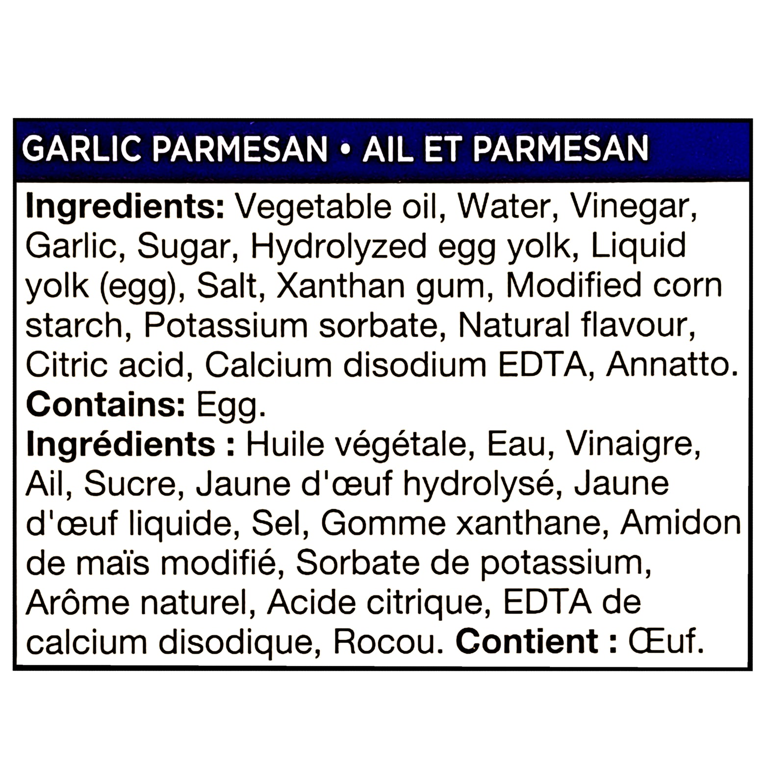 Garlic Parmesan ingredient label with text in English and French.