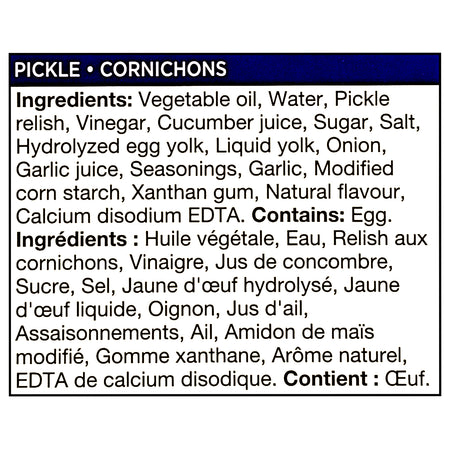 Heinz Pickle Mayo Style Sauce 750ml - Ingredients Label
