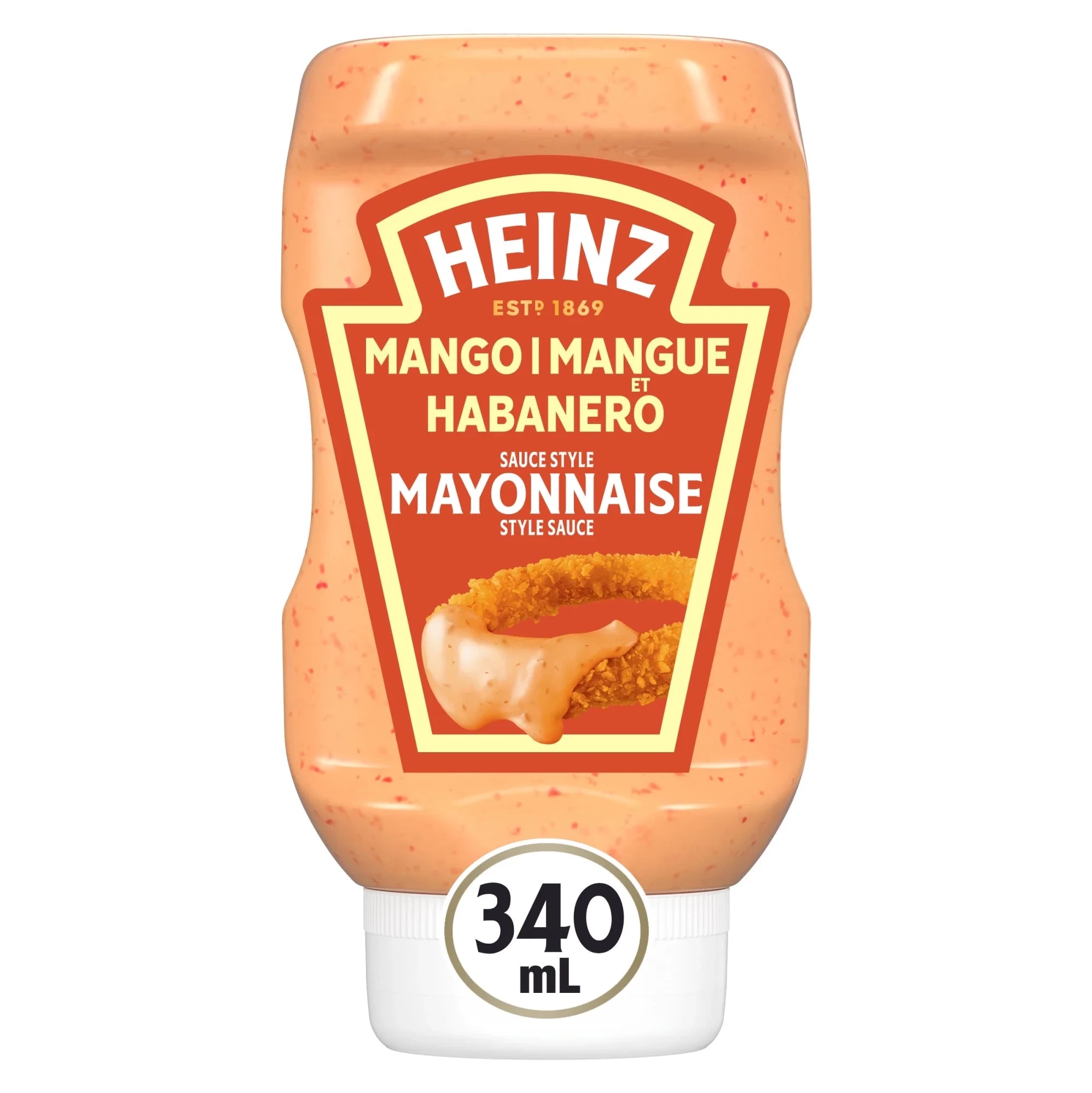 Front of Heinz Mango Habanero Mayonnaise Sauce, 340ml/11.9 oz on a white background.