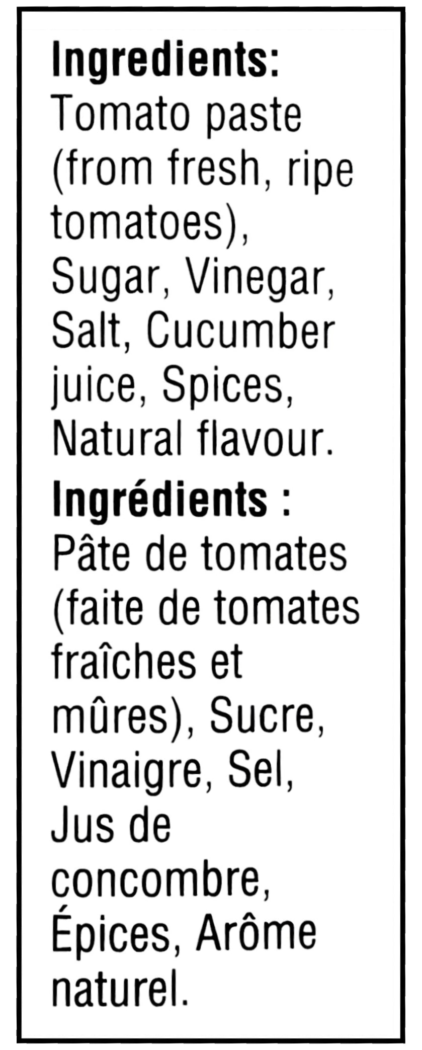 Ingredients label of Heinz Pickle Flavored Tomato Ketchup 375ml/13 oz., Squeeze Bottle