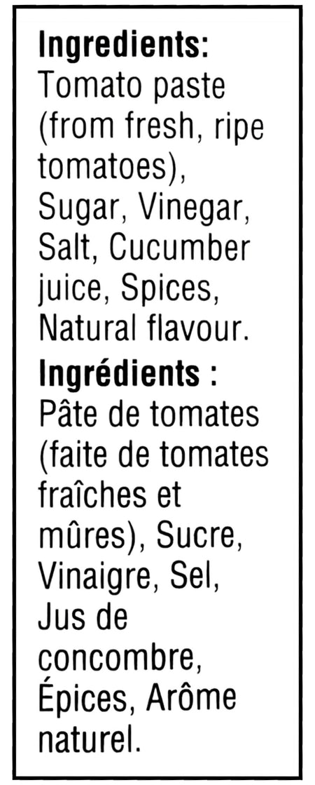 Ingredients label of Heinz Pickle Flavored Tomato Ketchup 375ml/13 oz., Squeeze Bottle