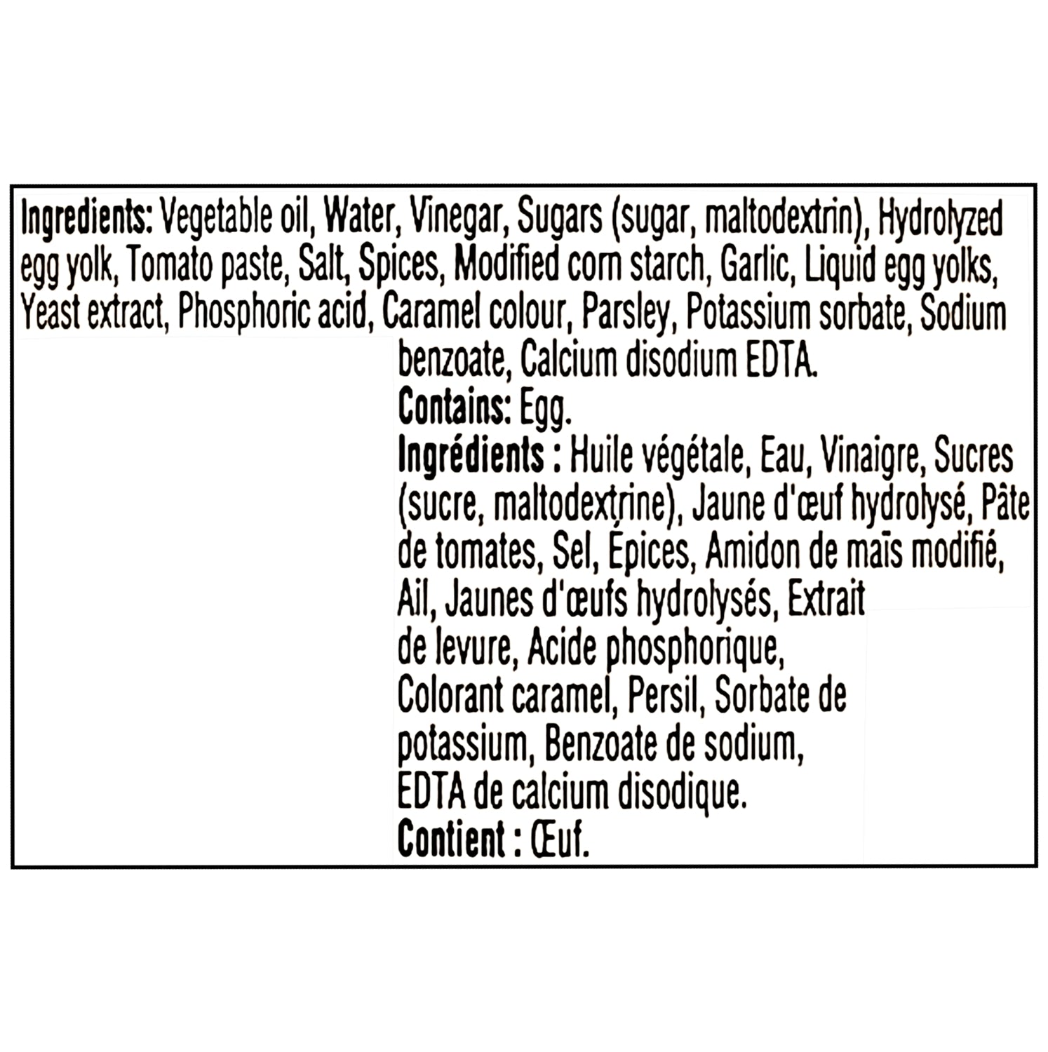 Heinz Piri Piri Mayonnaise Sauce 340ml – ingredients label