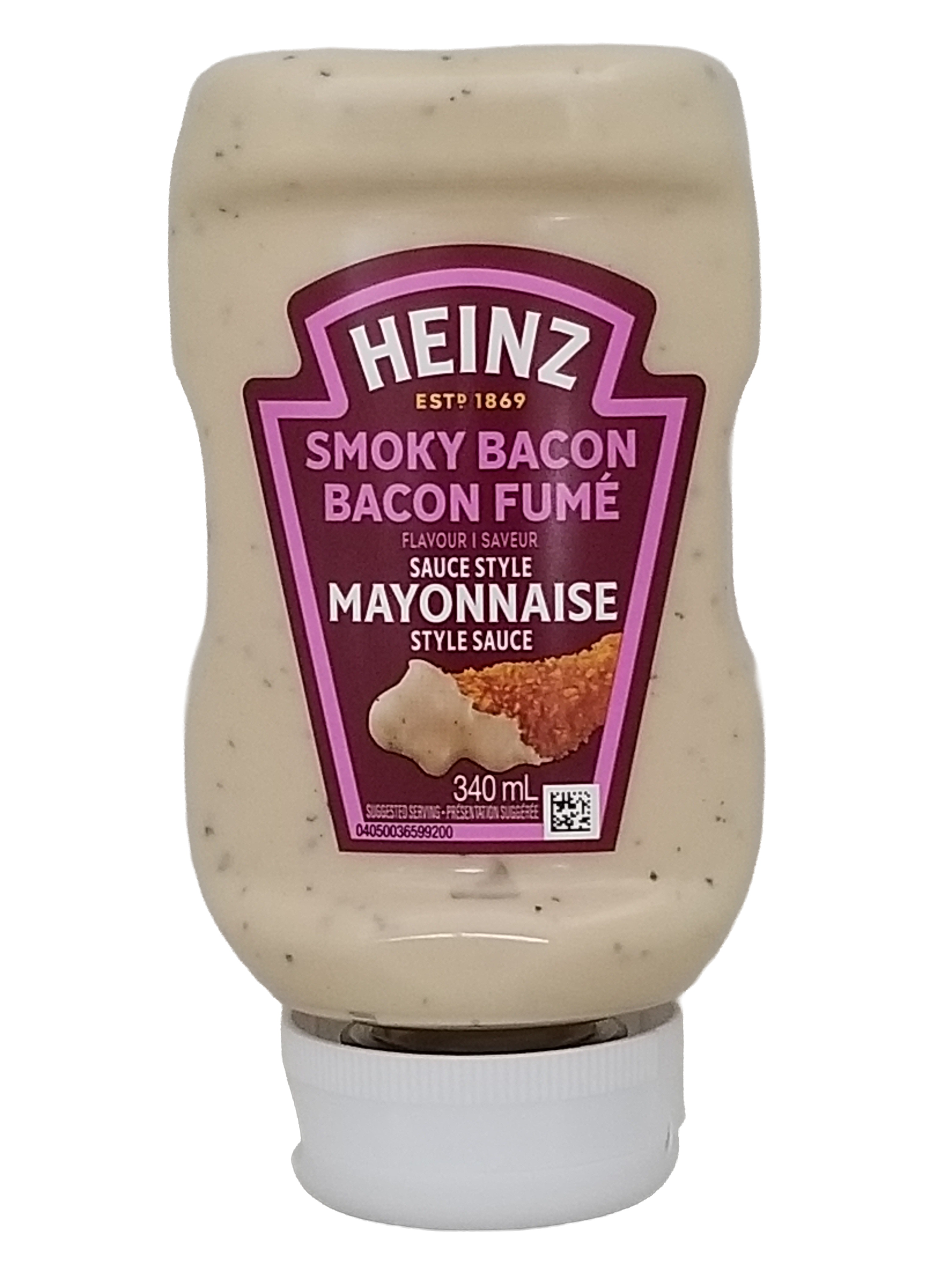 Front of Heinz Smoky Bacon Mayonnaise Sauce, 340ml/11.9 oz on a white background.