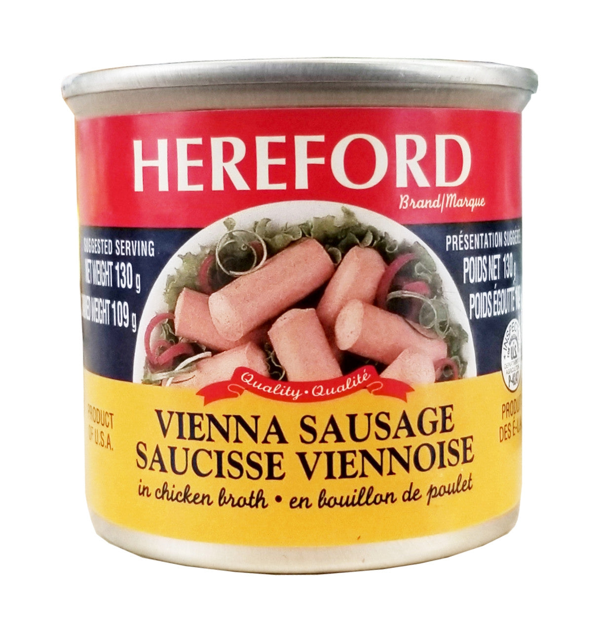 Hereford Vienna sausage in Chicken Broth, 130g/4.5 oz. Can (Imported from Canada)