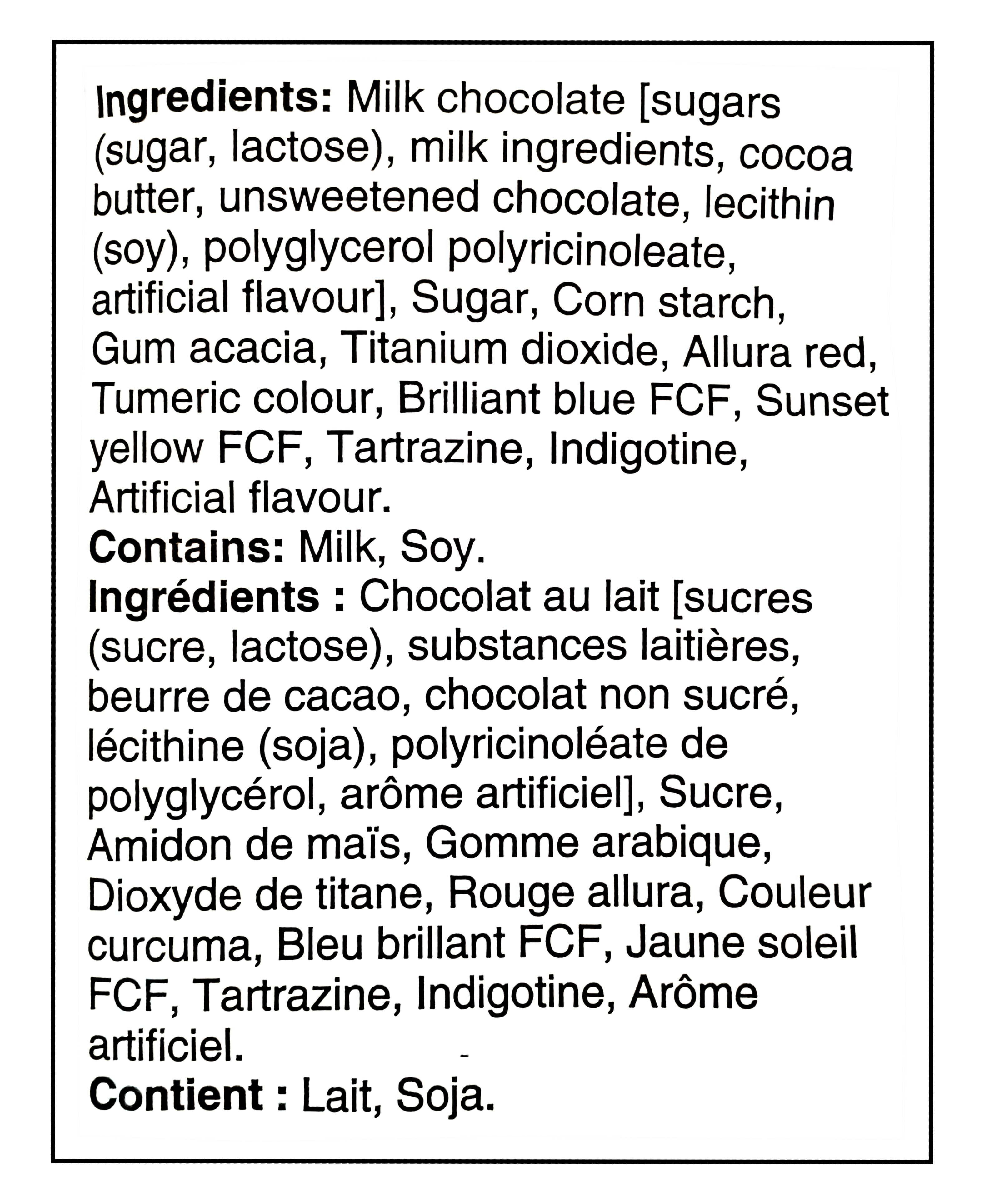 Hershey's Milk Chocolate Rainbow Eggies, 200g/7.1 oz. - Ingredients Label