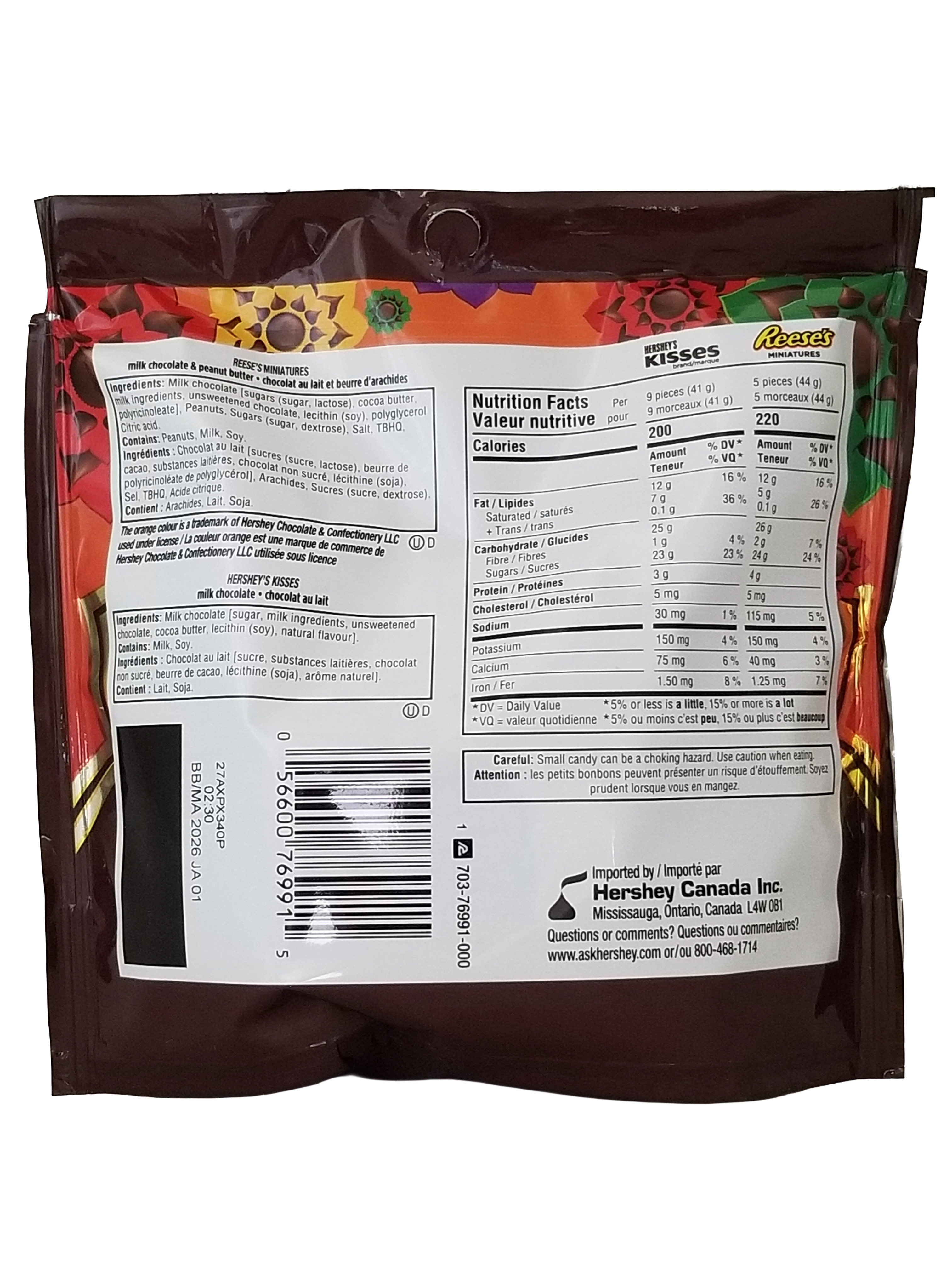Back of Hershey Diwali Delights, Hershey's Kisses & Reese's Miniature Cups with nutrition label and branding.