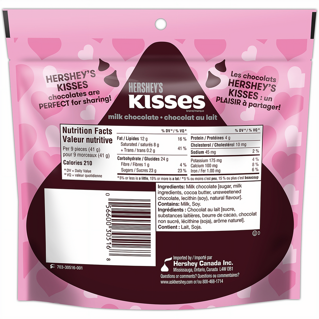 Hershey's Valentine's Day Milk Chocolate Kisses, 180g/6.3 oz. - Back