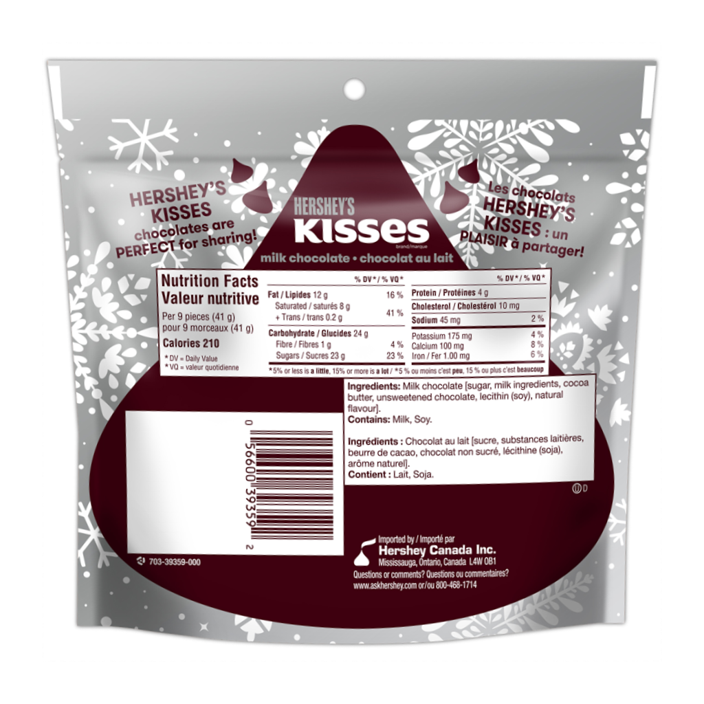 Hershey's Holiday Milk Chocolate Kisses, Red, Green, and Silver Wrapping, 180g/6.3 oz. Bag (Imported from Canada)