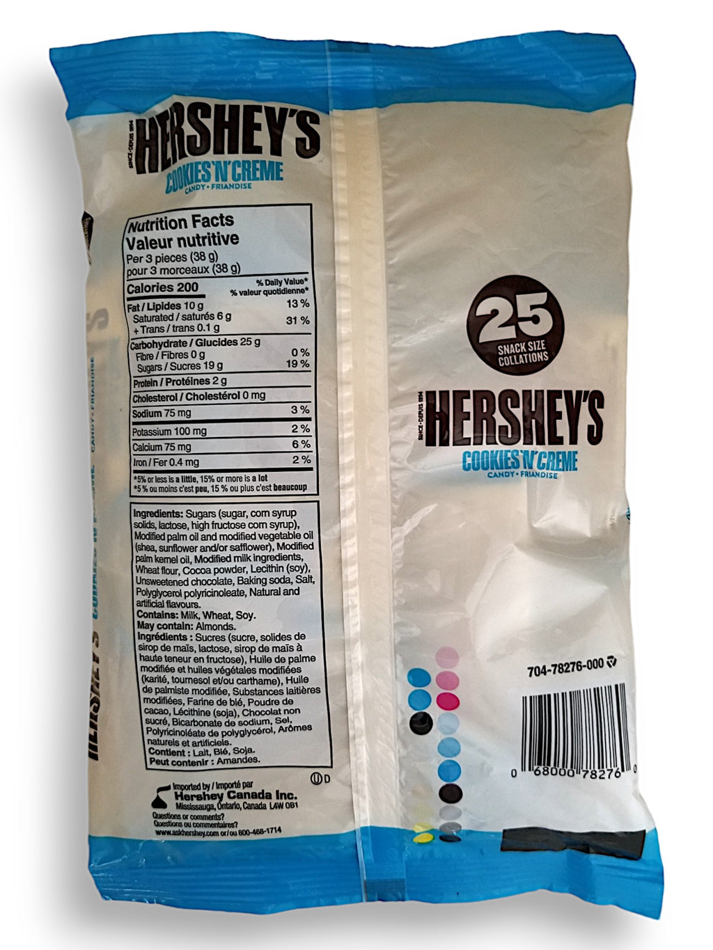 Hershey's Snack-Size Chocolate Bars, Cookies 'N' Creme, 25ct, 318g/11.2 oz., back of bag