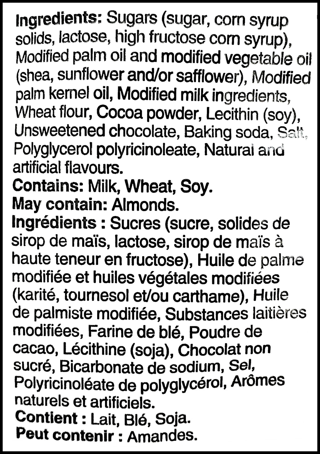 Hershey's Snack-Size Chocolate Bars, Cookies 'N' Creme, 25ct, 318g/11.2 oz., Bag, ingredients label