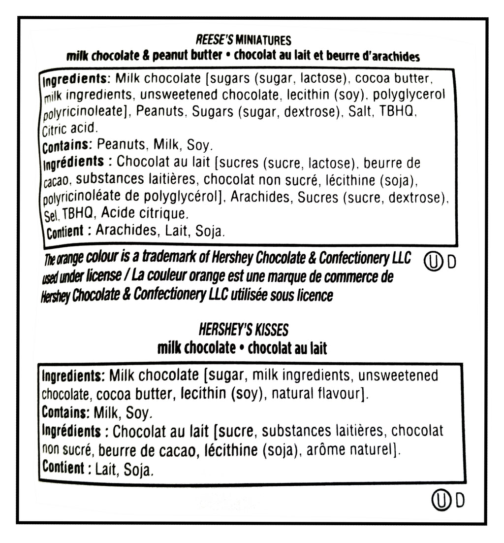 Ingredients label for Reese's Miniatures and Hershey's Kisses milk chocolate products.