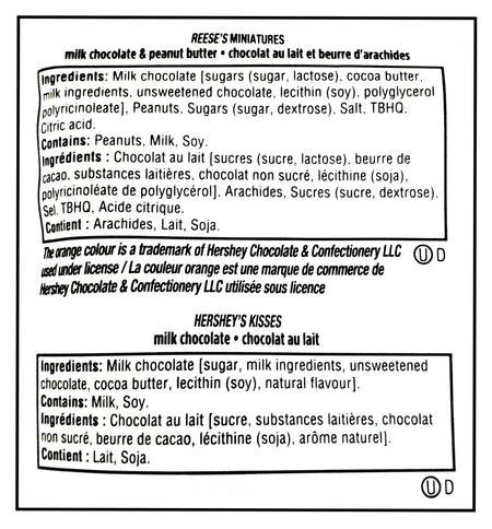 Ingredients label for Reese's Miniatures and Hershey's Kisses milk chocolate products.