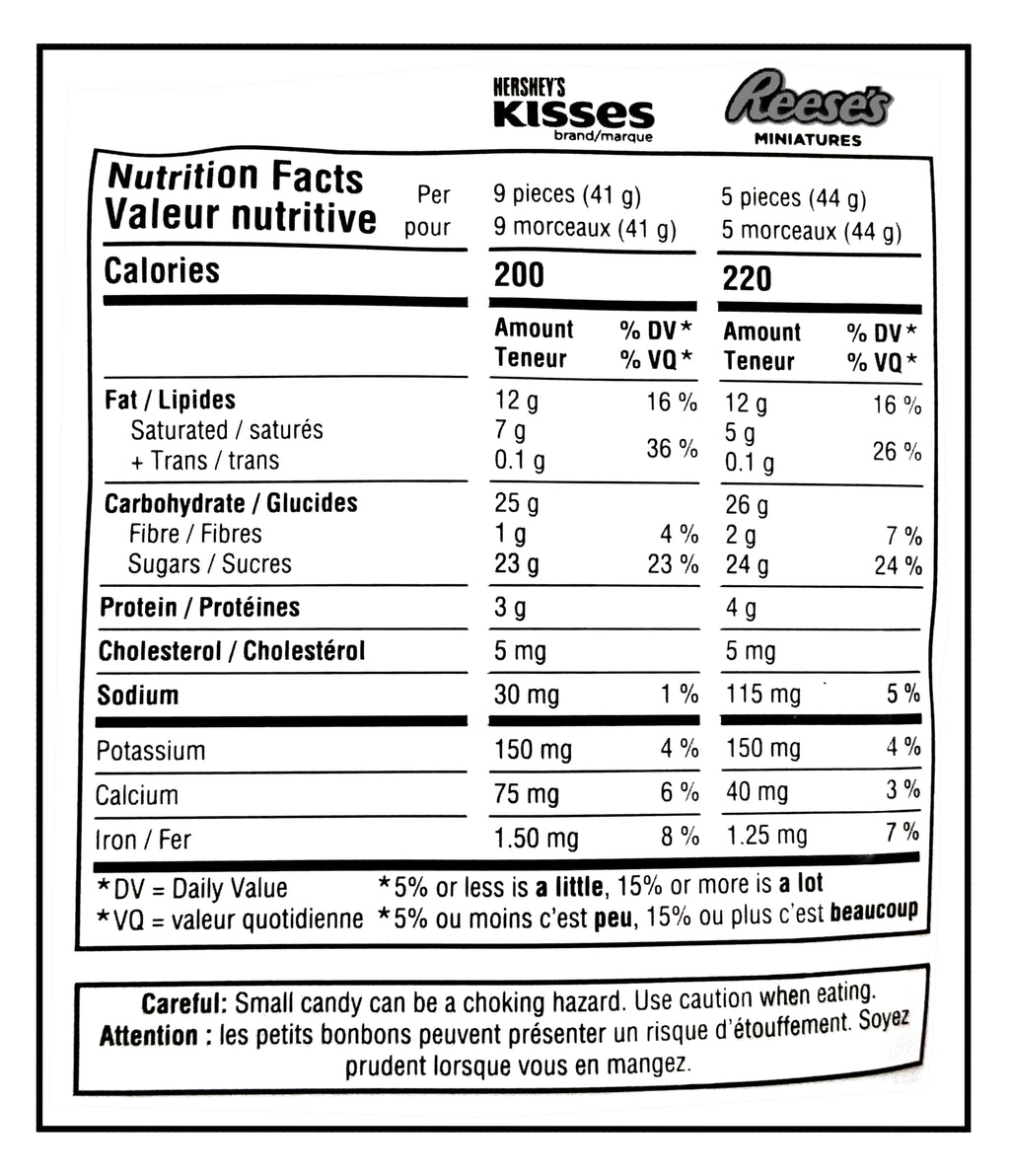 Nutrition facts label for Hershey's Kisses and Reese's Minis, showing calorie count and nutritional content per piece.