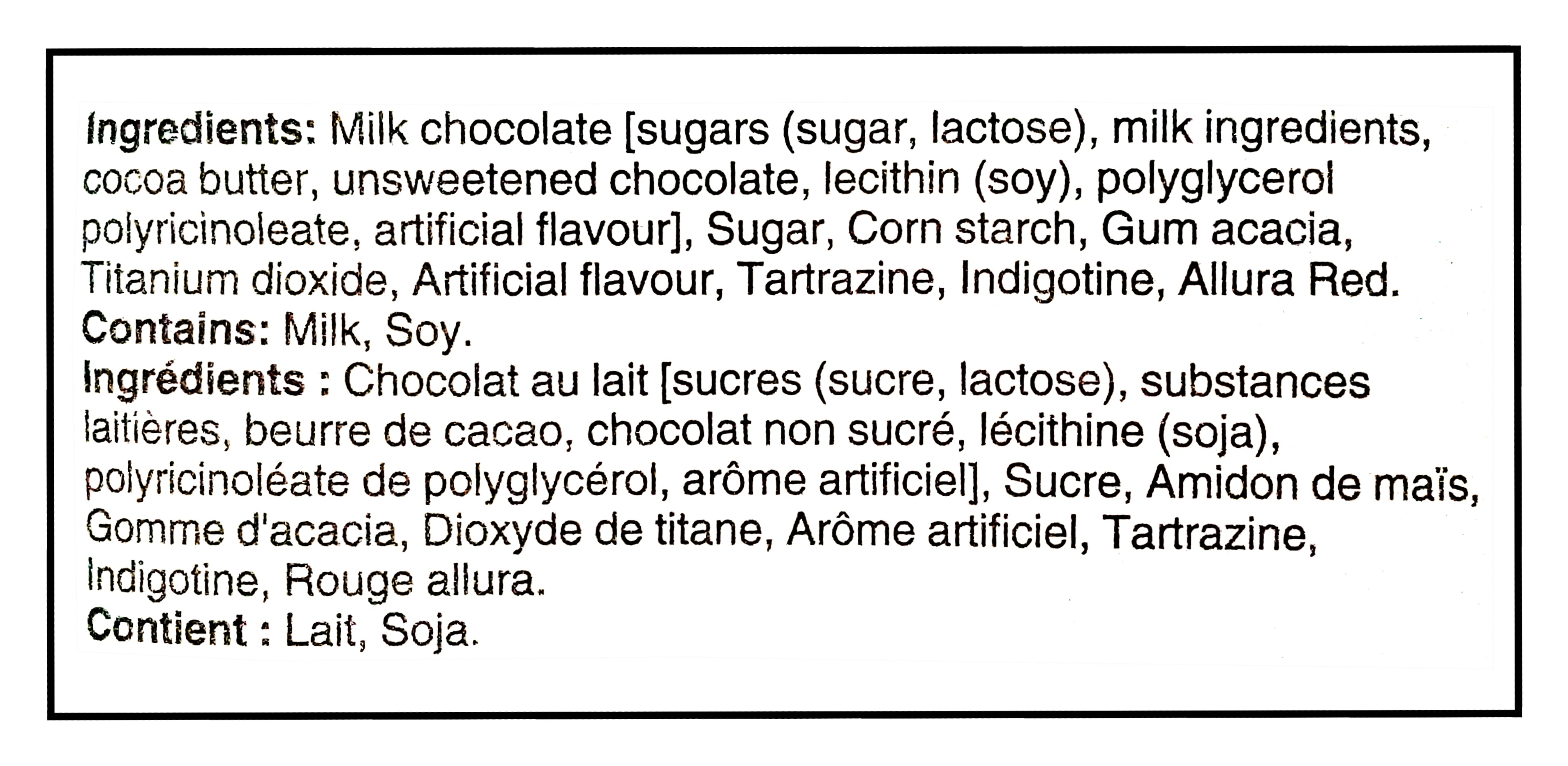 Hershey's Milk Chocolate Eggies, 42g/1.5 oz. - Ingredients Label