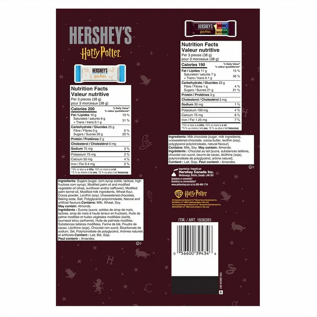 Back of Hershey's Harry Potter chocolate bar packaging with nutritional information and ingredients.