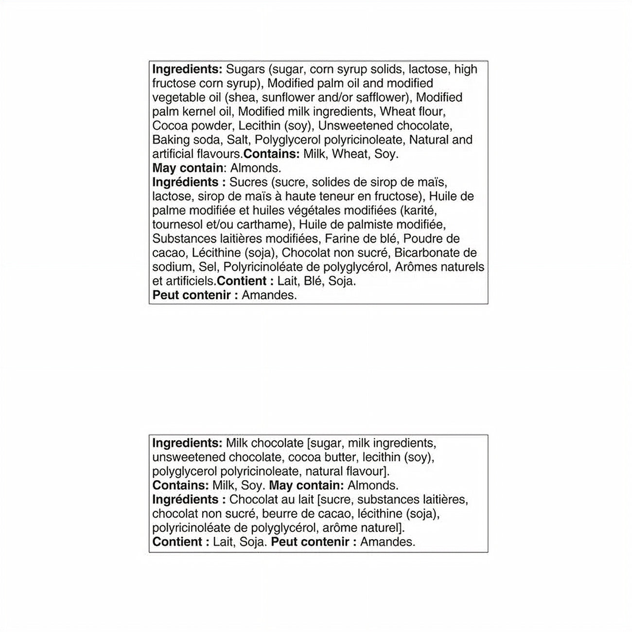 Text containing ingredients list for Hershey's Snack-Size Bars, Milk Chocolate - Cookies & Creme Flavors, Harry Potter 1.02kg/35.9 oz on a white background