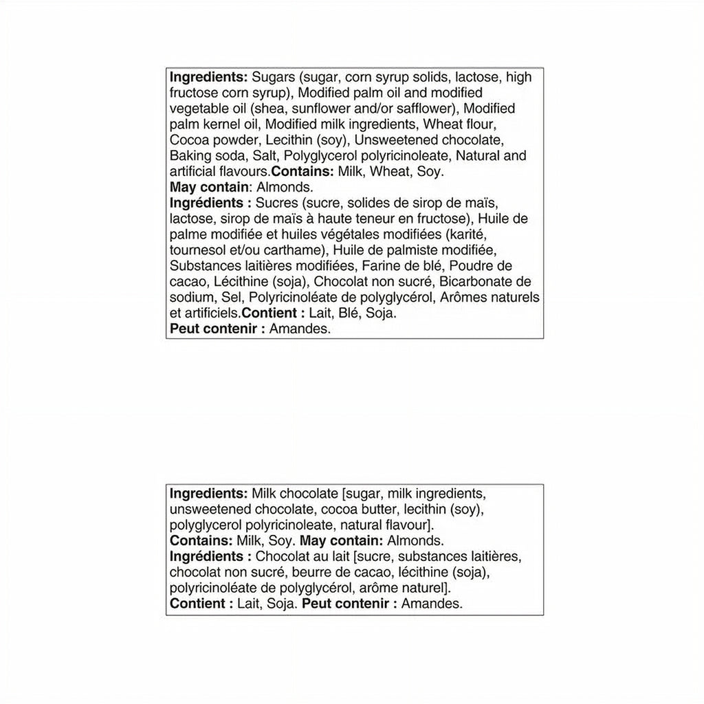 Text containing ingredients list for Hershey's Snack-Size Bars, Milk Chocolate - Cookies & Creme Flavors, Harry Potter 1.02kg/35.9 oz on a white background