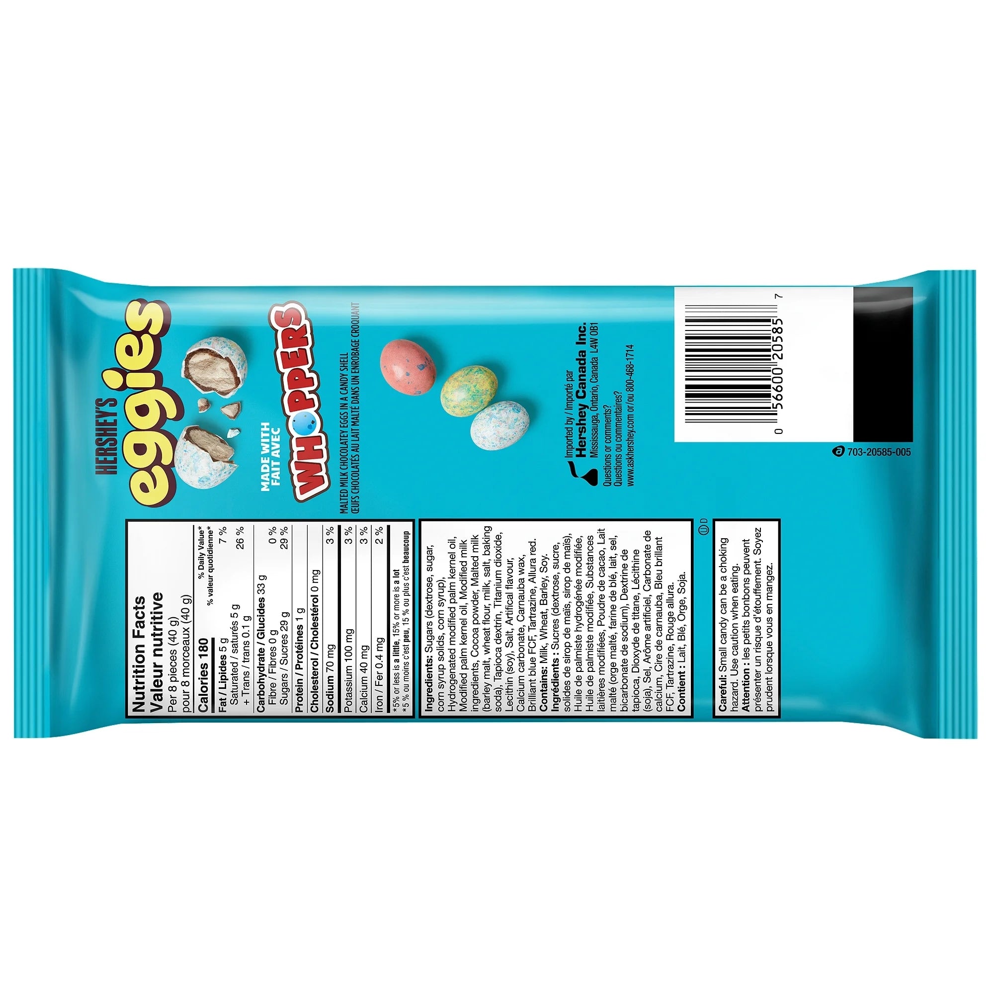 Hershey's Eggies and Whoppers candy 340g package on a white background