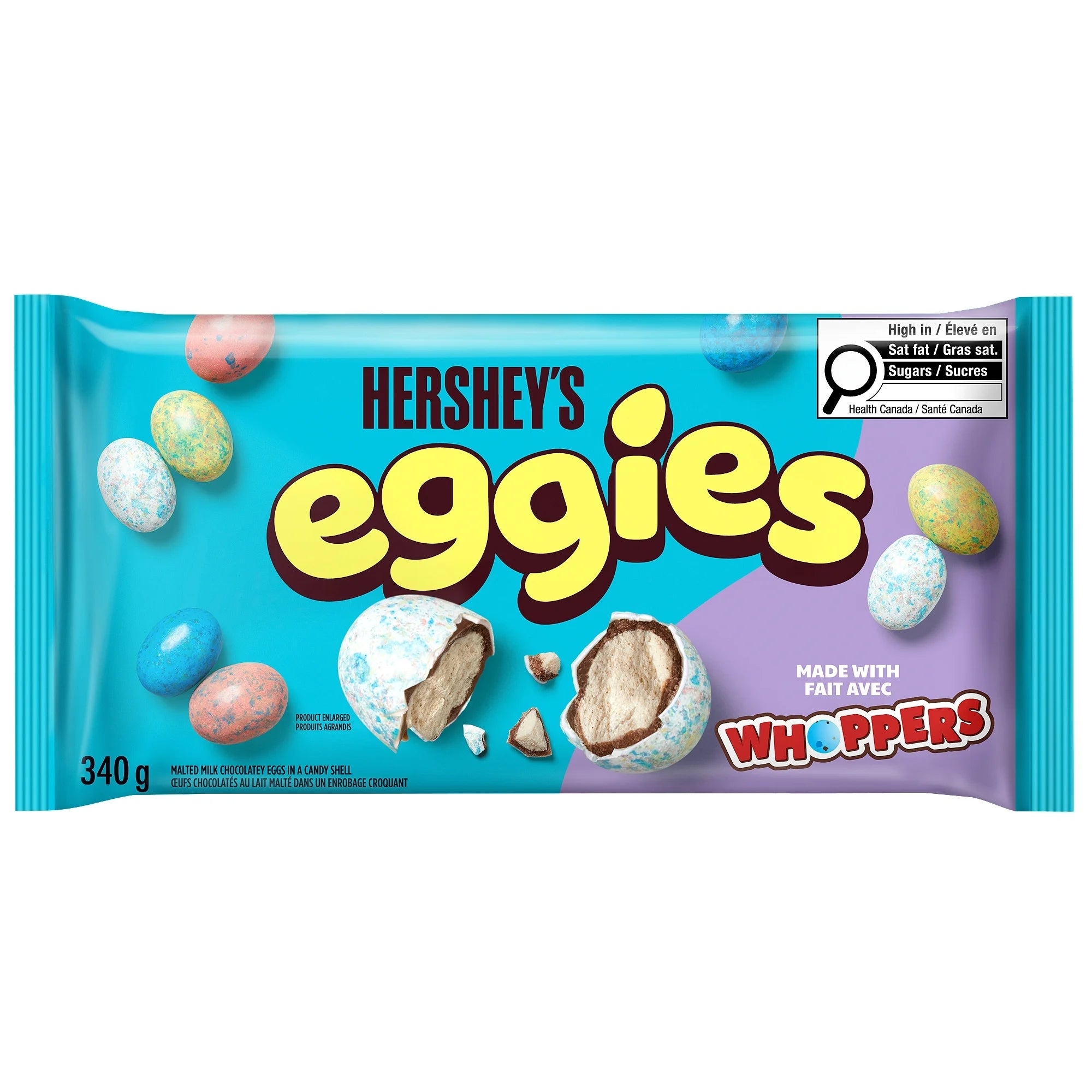 Hershey's Eggies candy 340g package with Whoppers on a white background