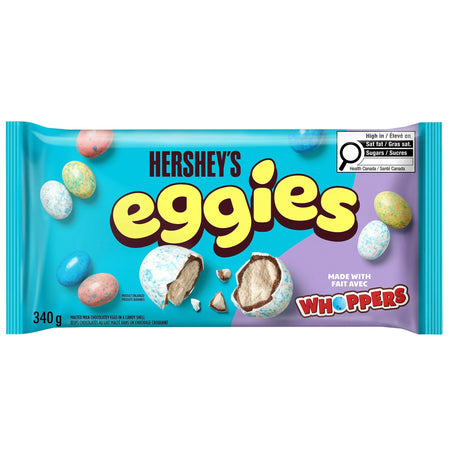 Hershey's Eggies candy 340g package with Whoppers on a white background