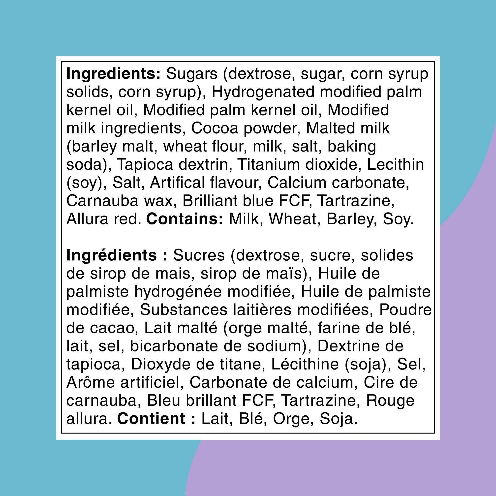 Ingredients list for HERSHEY'S Milk Chocolate Eggies Made With Whoppers on a blue and purple background