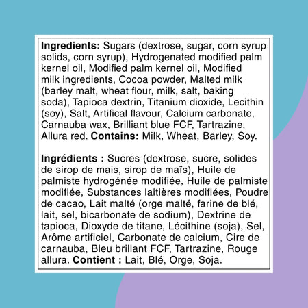 Ingredients list for HERSHEY'S Milk Chocolate Eggies Made With Whoppers on a blue and purple background