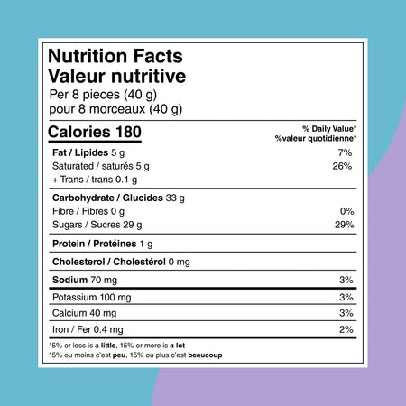 Nutrition facts label for HERSHEY'S Milk Chocolate Eggies Made With Whoppers on a blue and purple background