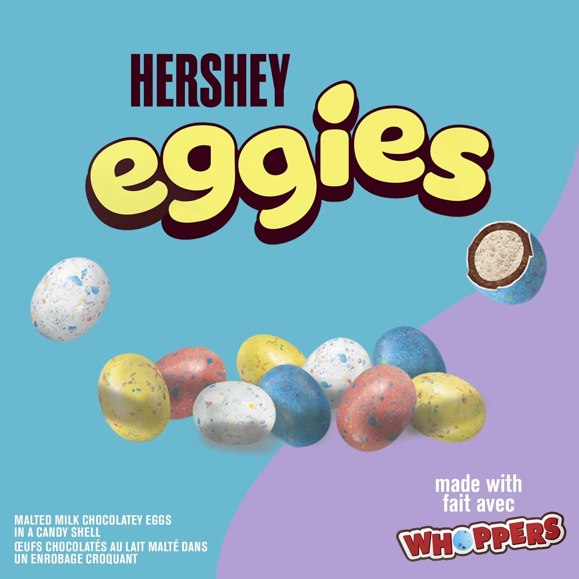 Hershey eggies candy with colorful eggs and Whoppers branding on a blue and purple background.