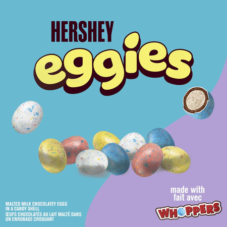 Hershey eggies candy with colorful eggs and Whoppers branding on a blue and purple background.